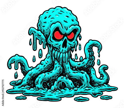 Animated Monster with Skull and Tentacles in Vibrant Blue Colors