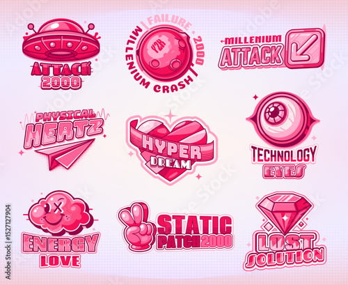 Y2k icons vector sticker pack featuring cyber futuristic elements, vibrant pink colors and retro aesthetics. Nostalgic typography patches. Attack 2000, Physical Hertz, Hyper Dream, Technology Eyes