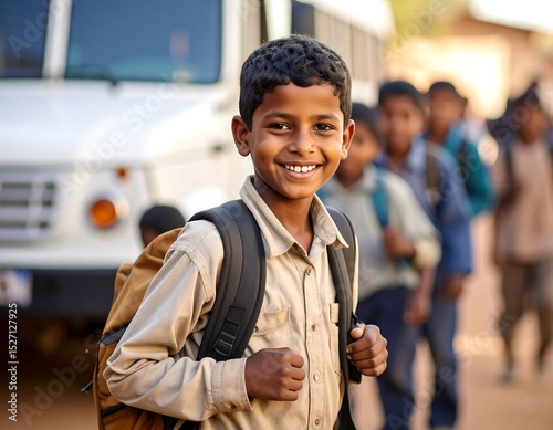 A happy school boy smiles