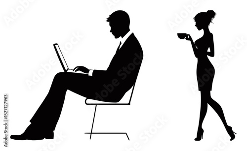 Elegant Silhouettes of a Businessman and Woman with Coffee in Hand