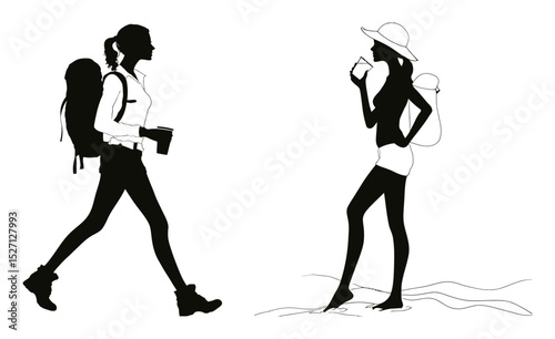 Black Silhouettes of Adventurous Hiker and Relaxed Beachgoer in Art Style