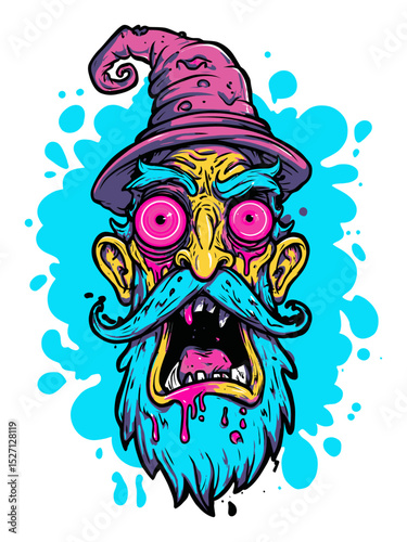 Colorful Cartoon Wizard with Vibrant Expressions and Dynamic Background Design