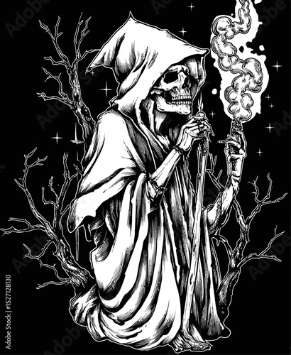 Gothic Hand-Drawn Illustration of a Grim Reaper Surrounded by Trees