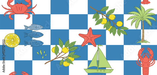 Blue summer checkered seamless pattern with lobster, crab, sardines, lemon, palm tree. Vector mosaic wallpaper, tropical vacation background, cute textile design, Mediterranean wrapping paper, print