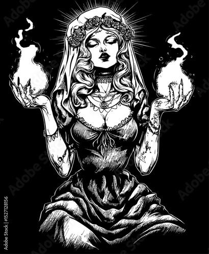 Gothic Hand-Drawn Illustration of a Mysterious Woman with Flames