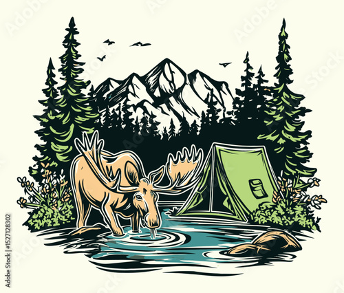 Cartoon Adventure Illustration of Moose by Campsite in Wilderness Setting