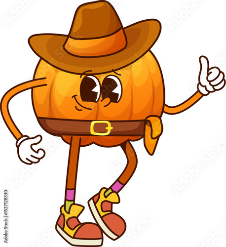 Cartoon groovy pumpkin cowboy and bandit vegetable character. Vector ripe gourd healthy food personage in western hat and retro sneakers. Brave vitamin veg defender ready for feat on the Wild West