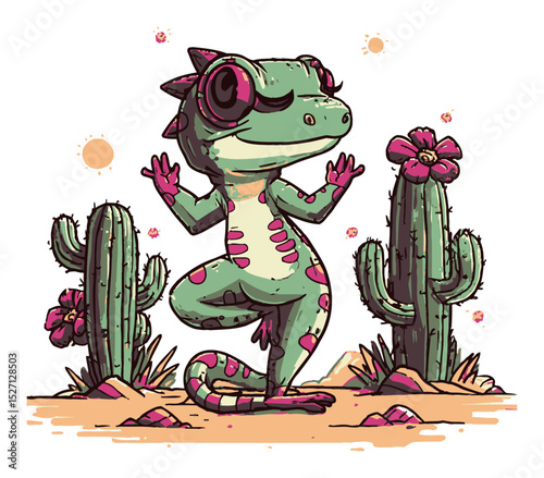 Playful Lizard Character with Cactus in Colorful Vector Art Style