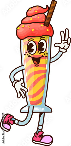 Cartoon groovy milkshake pirate corsair character for fast food dessert, vector funny personage. Groovy milkshake or ice cream sweet drink as Caribbean corsair pirate character with funky face