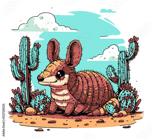 Cute Armadillo Sitting Among Cacti in Colorful Desert Landscape Illustration