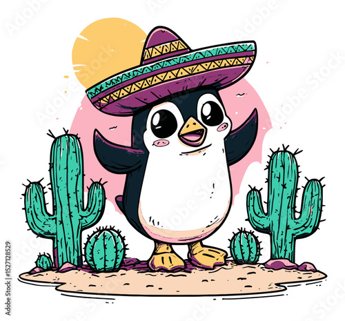 Cheerful Penguin Wearing Sombrero Among Cacti in Vibrant Scene