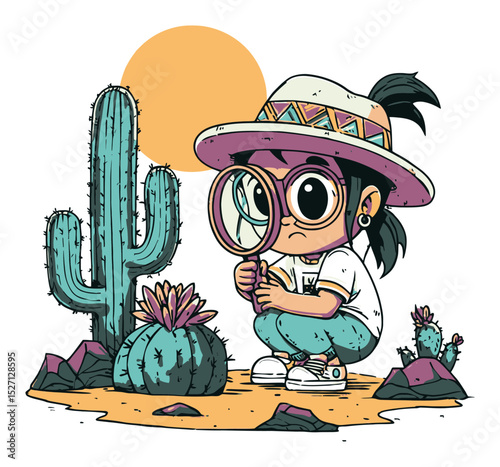 Curious Character Exploring Desert Landscape with Cactus and Sun