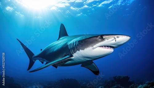 Wallpaper Mural Shark swimming in clear ocean waters under sunlight represents marine life, underwater exploration, and ecological conservation Torontodigital.ca