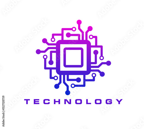 Computer chip, artificial intelligence software icon or symbol. PC hardware company vector symbol, computer motherboard processor industry or service icon. Chip technology startup emblem or sign