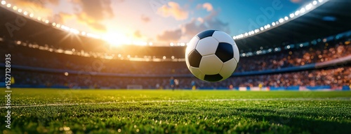 Soccer ball mid-air in a stadium at sunset capturing energy and passion of a major sports event