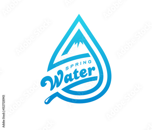 Spring water icon representing blue droplet with mountain peaks in blue and white colors, fluid lines emphasize freshness, nature and hydration for beverage branding and eco friendly product labels