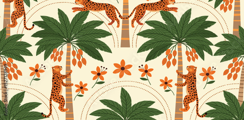 Tropical palm tree Asian leopard seamless pattern. Cute jungle damask ornament, jungle arched print, hand drawn wild animal under the coconut, Indian textile design wallpaper Vector beach