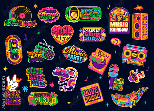 Music sound y2k groovy funky stickers, funky entertainment patch labels with retro 2000s vibes featuring radios, headphones, notes, records, speakers, and concert slogans. Vector set for music lovers