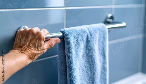 Elderly hand holding bathroom support bar with towel representing safety, aging with dignity, independence, and accessible home design for seniors