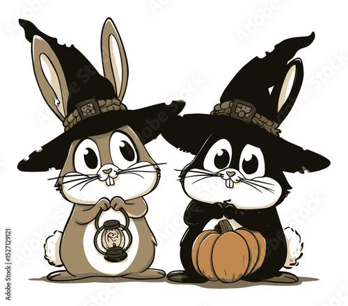 Cute Cartoon Rabbits in Witch Hats for Halloween Celebration