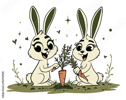 Playful Cartoon Rabbits Harvesting Carrots in a Whimsical Vector Art Style