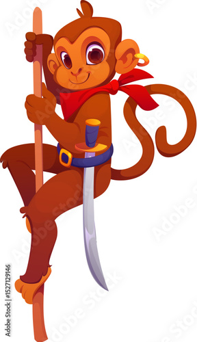 Cartoon monkey pirate animal captain and corsair sailor character. Vector brown ape climbing wooden stick with curved sword in belt. Wearing red scarf and golden earring. Smiling with proud expression