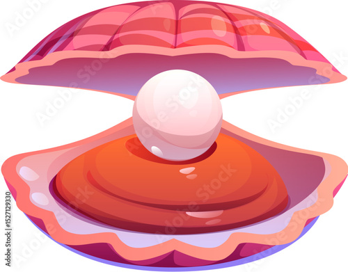 Cartoon pearl shell, underwater oyster and scallop seashell with large pearl resting inside. Vector shell, whimsical ocean treasure, conch game asset with smooth, glossy texture and white luxury pearl