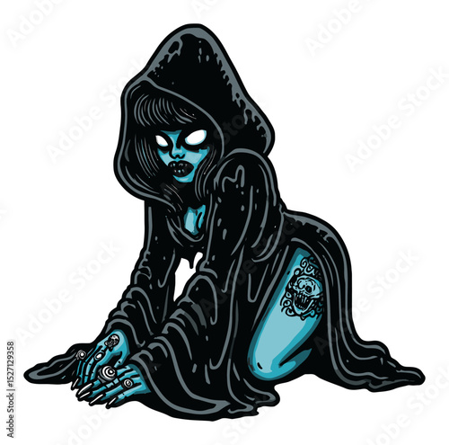 Mysterious Cartoon Ghost in Black Cloak with Intricate Tattoo Design