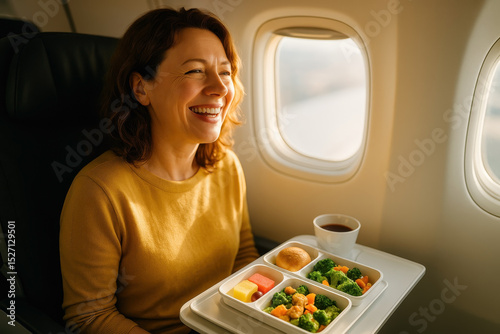 Cheerful Passenger Enjoying Healthy Airplane Meal With Vegetables And Tea During Sunny Flight
