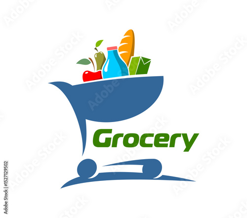 Grocery store shopping icon or abstract emblem. Grocery store online purchase or delivery service, retail company graphic icon with milk bottle, fruits, juice box and bread loaf in shopping cart