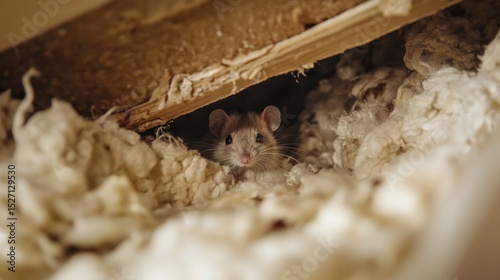 A small rodent hides in wood shavings and insulation.