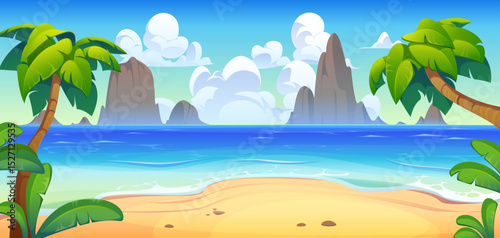 Tropical beach landscape with cartoon vector green palm trees and exotic plants in foreground, sandy shore and blue ocean with gentle waves, bright sky with fluffy clouds and distant rocky islands