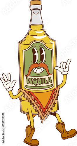 Cartoon groovy Mexican tequila bottle character. Mexico alcohol drink bottle groovy funny character. Tequila beverage funky vector personage, groovy mascot with mustaches, wearing boots and poncho