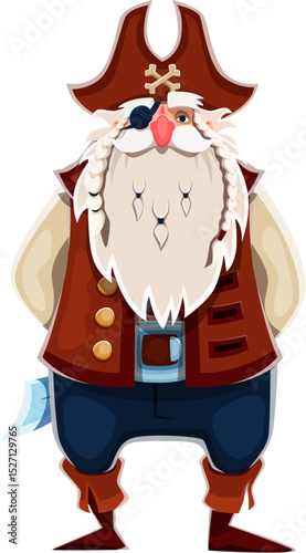 Cartoon pirate and corsair character. Isolated vector old sailor with tricorn hat, vest, white beard and eye patch, saber, belt and boots. Funny nautical rover adventurer male bearded personage