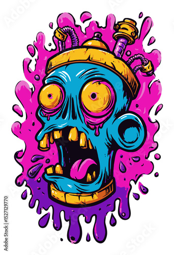 Vibrant Cartoon Zombie Head with Bright Colors and Creative Graffiti Style