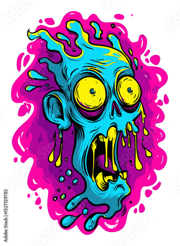 Vivid Cartoon Zombie Head Illustration with Colorful Drips and Graffiti Style Art
