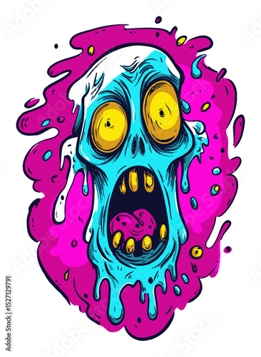 Vibrant Cartoon Skull With Distorted Features and Colorful Background Elements
