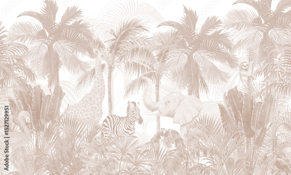 Obraz premium Aged Wildlife Wall Mural: Zebras, Toucans, Macaws in Retro Brown Tropical Forest