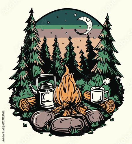 Cozy Campfire Scene under Starry Sky and Crescent Moon Illustration