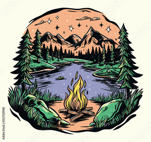Scenic Adventure Illustration of Campfire by a Serene Lake at Dusk