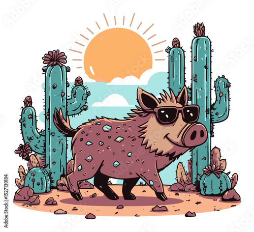 Cheerful Wild Boar Wearing Sunglasses in Desert Landscape with Cacti