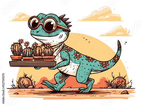Cartoon Lizard with Sunglasses Carrying Cactus Pots in Unique Illustration