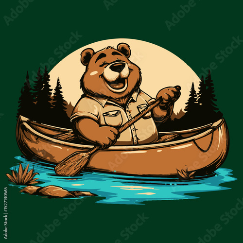 Happy Bear Paddling Canoe in Sunset with Trees and Water Background