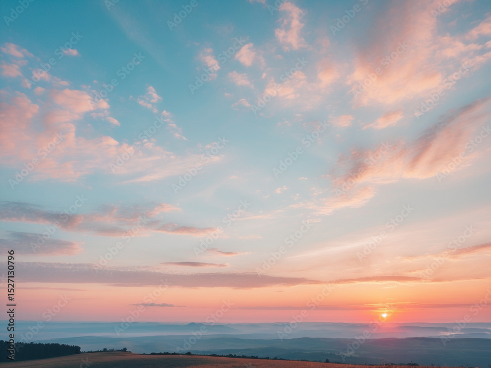 Fototapeta premium A panoramic landscape photograph capturing a beautiful sunrise or sunset sky with soft pastel clouds in hues of blue, pink, and orange.