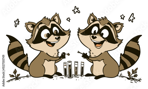 Cute Raccoons in Laboratory Setting with Test Tubes and Science Equipment