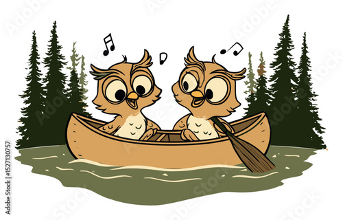 Cute Cartoon Owls Singing in a Canoe Surrounded by Nature Elements