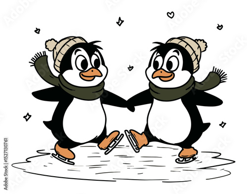 Cute Cartoon Penguins Ice Skating in Winter with Hats and Scarves