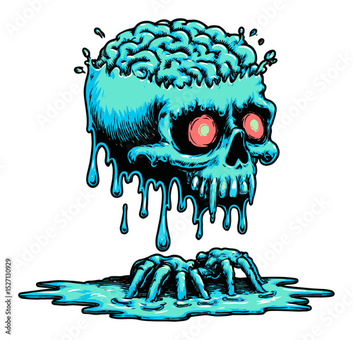 Blue Dripping Skull with Brain and Hands Emerging from Liquid Art