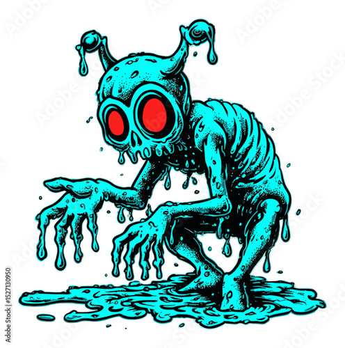 Creepy Cartoon Alien Character with Slime and Red Eyes Illustration
