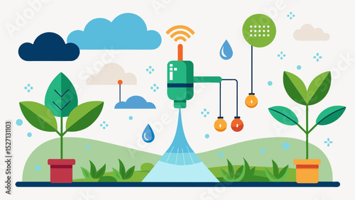 A smart irrigation system using AI to analyze data from soil moisture sensors weather patterns and crop needs to deliver the perfect amount of water to each individual plant.. Vector illustration
